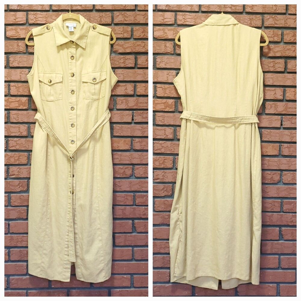 Vintage Linen Blend Maxi Shirt Dress Sz 16 Button Front Belted Utility Pockets